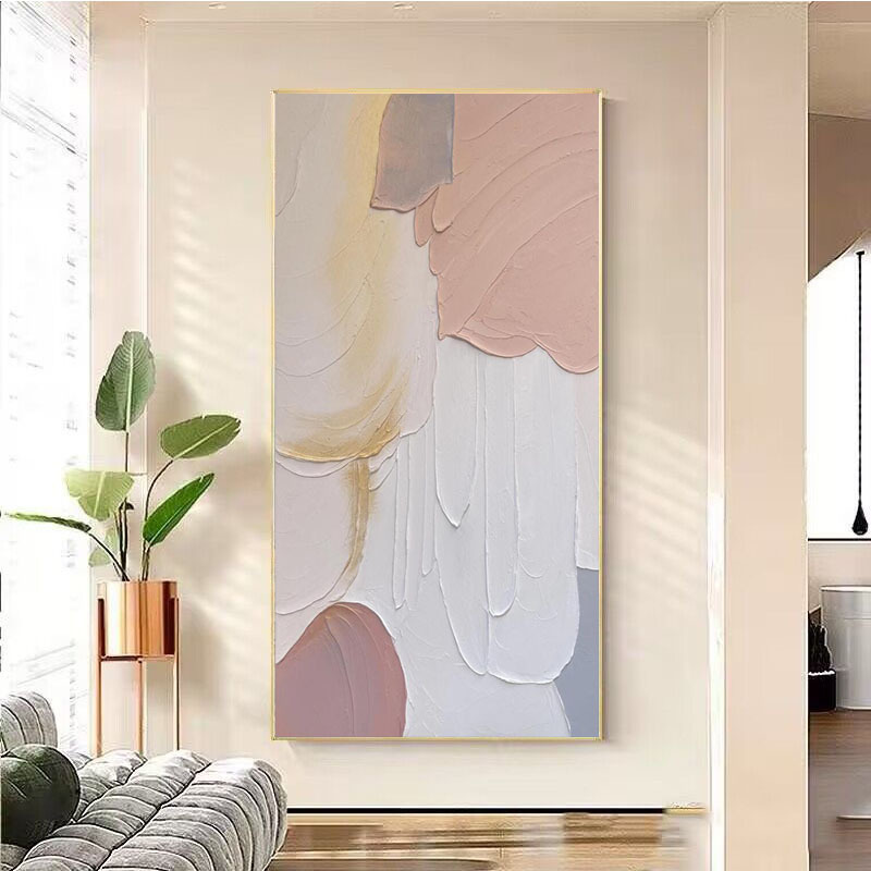 手绘油画北欧玄关装饰画法式砂岩立体肌理画长款抽象走廊过道图片