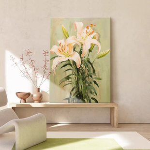 奶油风抽象百合花手绘油画客厅装饰画绿色植物花卉高级感玄关挂画