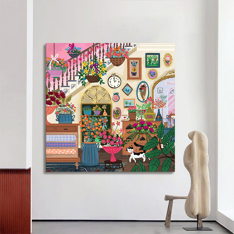 覆古南洋风客厅手绘油画 画温馨室内装饰画 画可爱猫咪绿植花卉玄图片