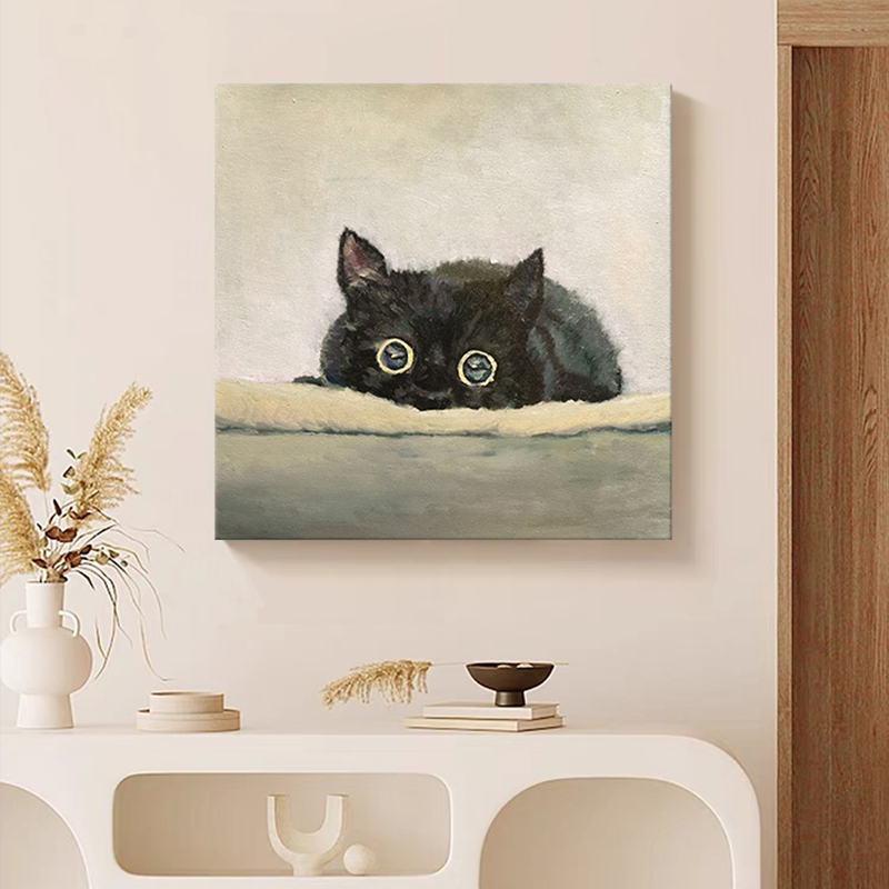 萌宠小猫咪手绘油画客厅装饰画可爱动物玄关儿童房卧室治愈系挂画图片