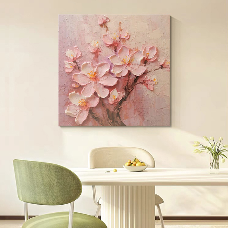 奶油风梅花肌理手绘油画客厅装饰画粉红色花卉餐厅玄关挂画正方形图片
