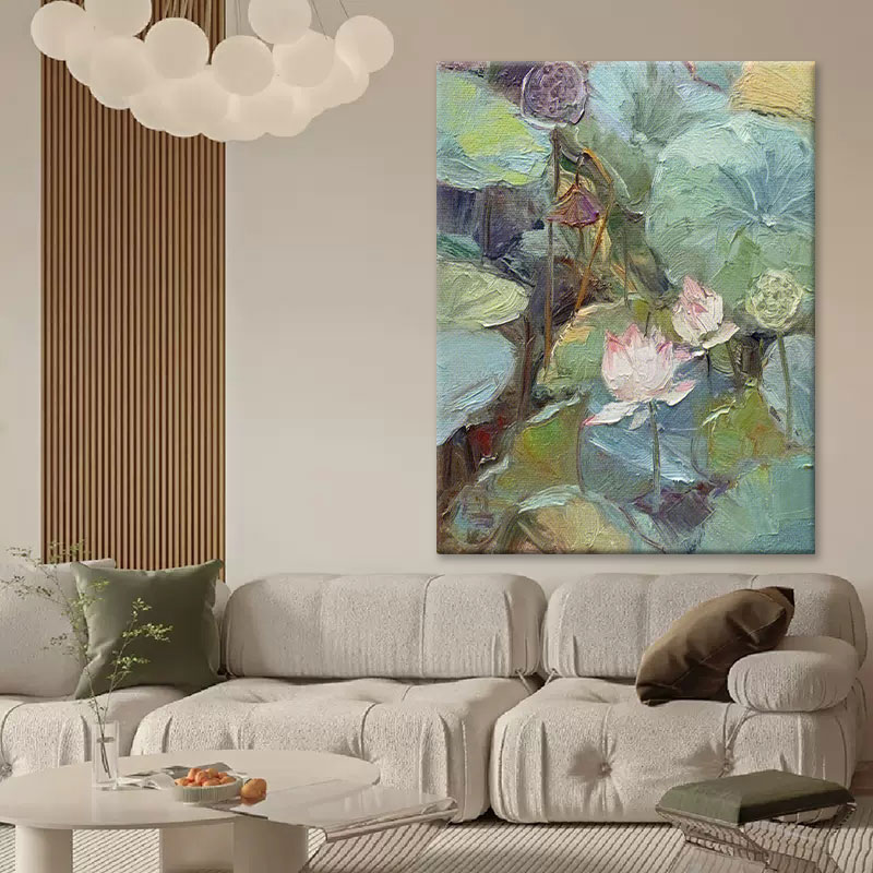 莫奈睡莲手绘油画世界名画新中式荷花装饰画客厅玄关立体肌理挂画图片