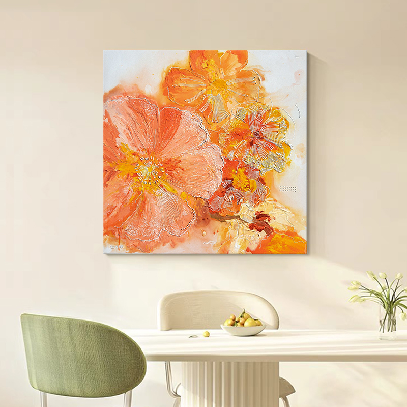 奶油风牡丹花肌理手绘油画客厅装饰画橙色花开富贵入户门玄关挂画图片