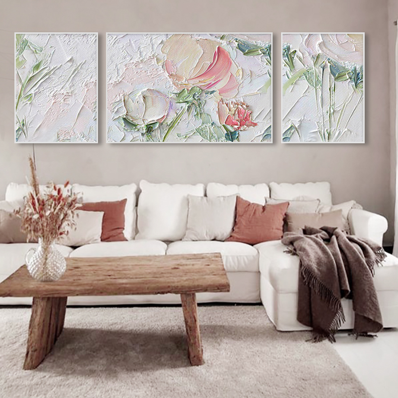 纯手绘厚肌理油画客厅三联白色花卉装饰画玄关沙发背景墙简约挂画图片