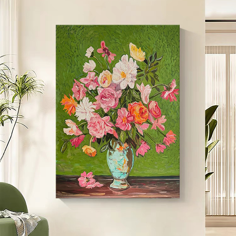 奶油风静物花卉肌理客厅装饰画手绘油画花瓶绿色别墅挑高玄关挂画图片