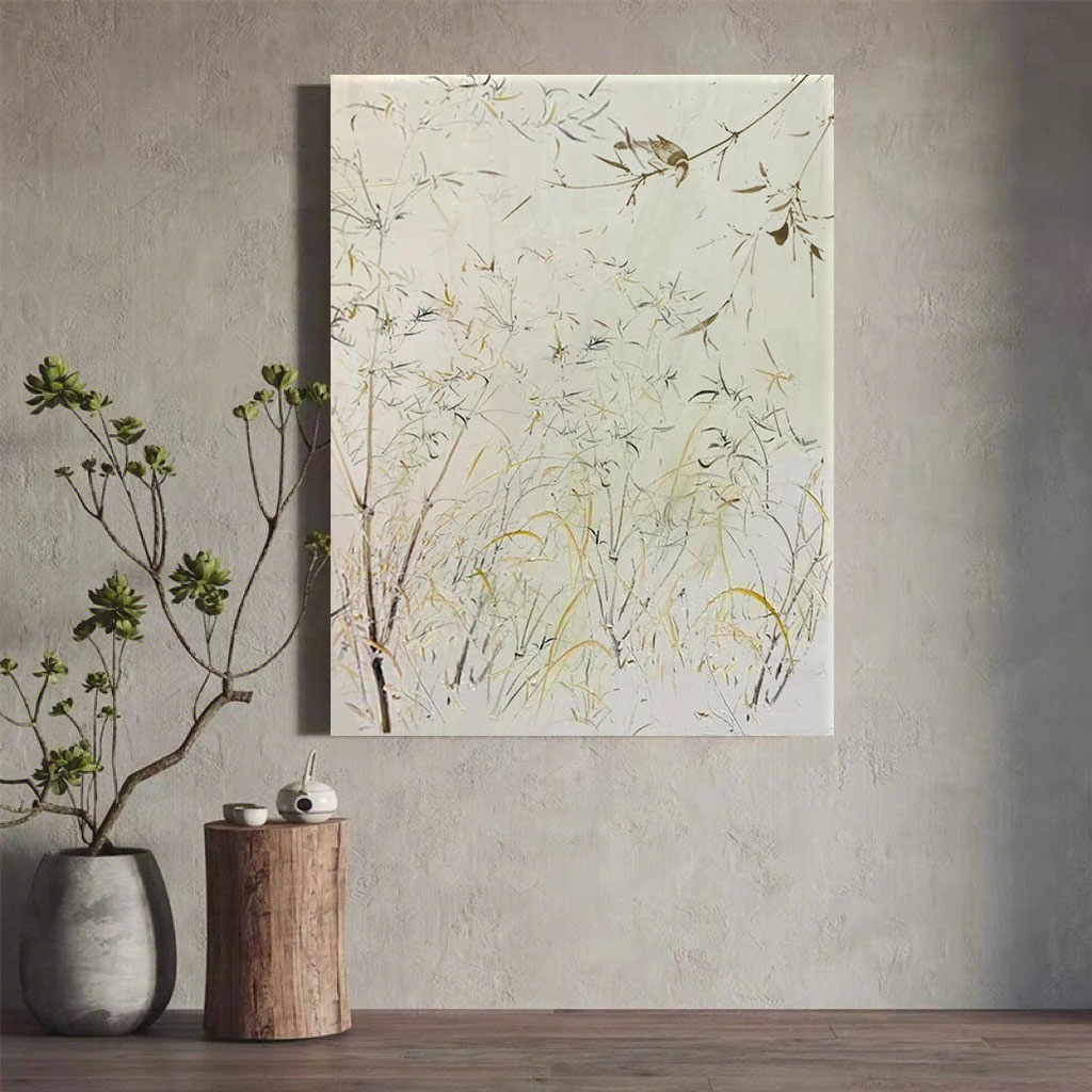 客厅新中式挂画大芬村中古手绘丙烯玄关肌理装饰壁画抽象竹子油画图片