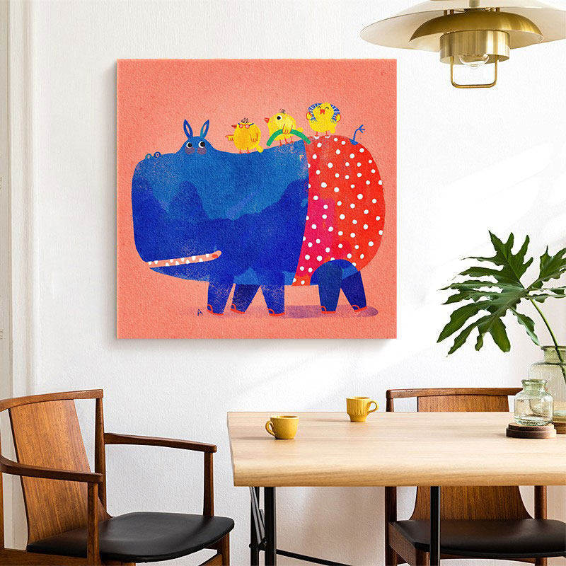 童话风动物装饰画儿童书房挂画客厅玄关河马壁画卡通艺术手绘油画