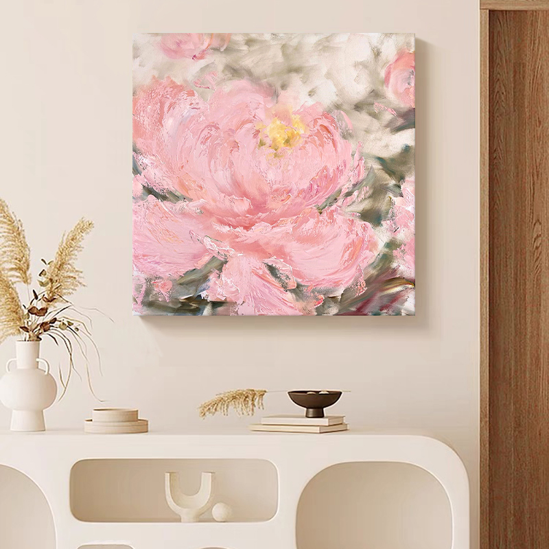 奶油风抽象牡丹花手绘油画客厅装饰画抽象花朵餐厅玄关挂画正方形图片