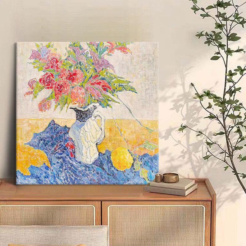 抽象波洛克花瓶花卉手绘油画彩色正方形装饰刀画客厅玄关肌理挂画