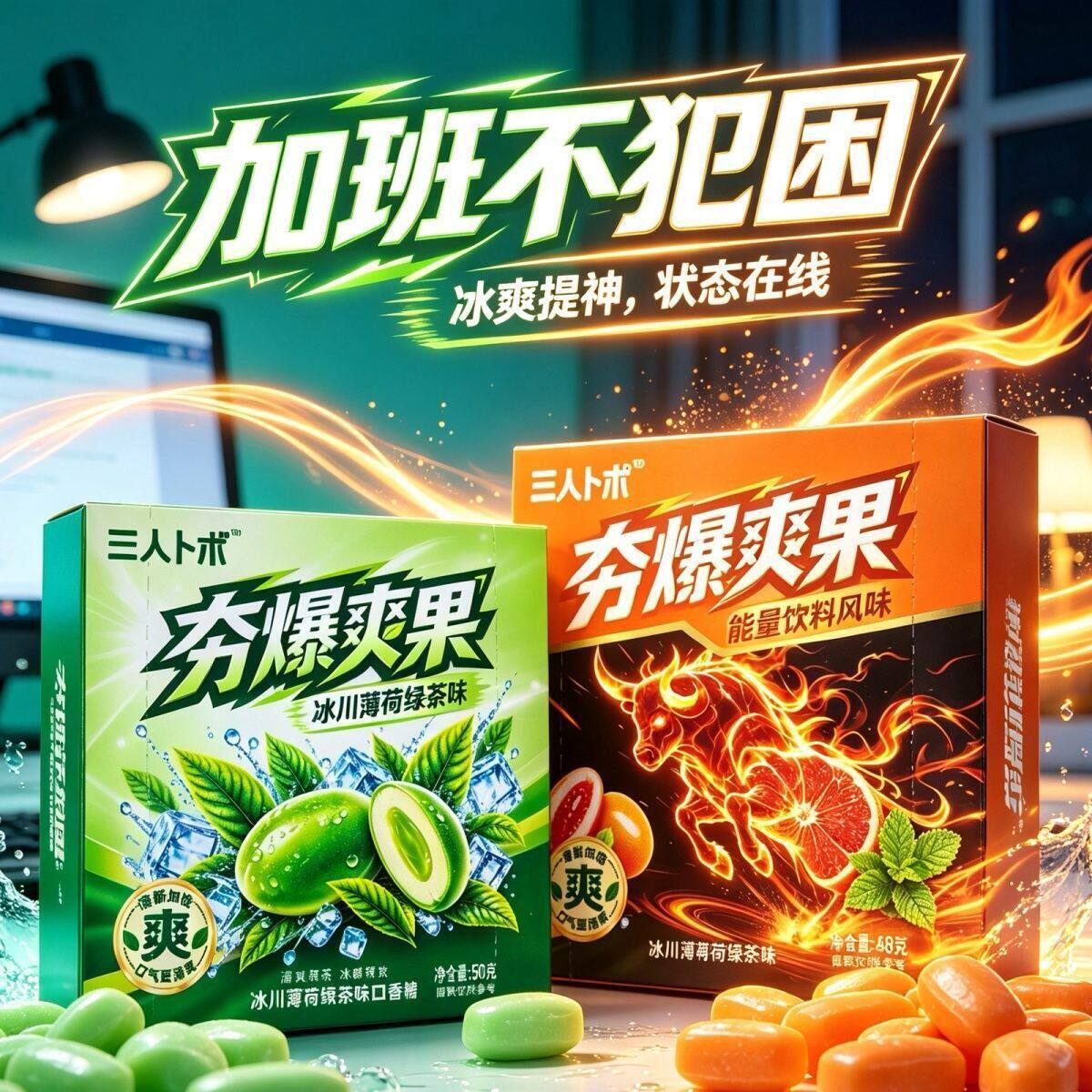 夯爆爽果冰川薄荷绿茶夹心口香糖