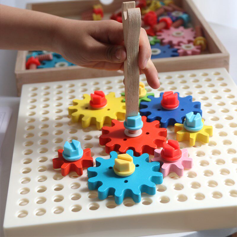 儿童木制机手转动齿操百变游戏幼儿园益智L区轮作拼装观察动械玩