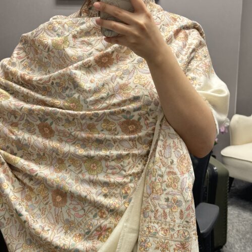paper满绣花卉白绒小清新克什米尔纯手工披肩