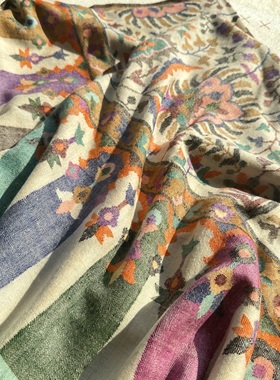 QR认证手纺线帝王花雅米白色卡尼克什米尔手工披肩围巾