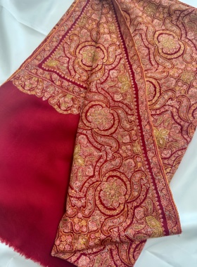 QR认证红色满工真丝刺绣克什米尔手工羊绒披肩围巾