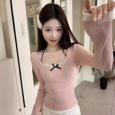韩系纯欲甜美蕾丝蝴蝶结挂脖长袖体恤女内搭小众时尚bm打底衫上衣