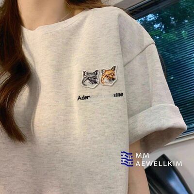 即墨原厂ader夏季狐狸刺绣简约百搭宽松纯棉男女情侣短袖t恤小众