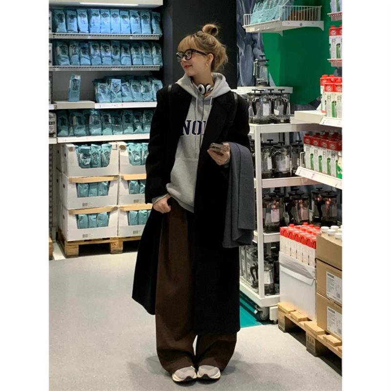 黑色毛呢外套女小个子韩系新款秋冬舒适感中长款加厚西装呢子大衣