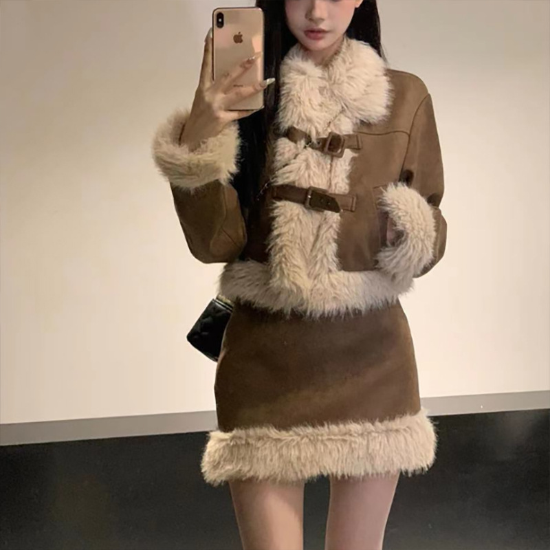 [YQGFS]糖炒栗子”秋冬新款千金风毛领咖色毛呢外套半身裙两件套