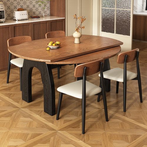 法式实木复古岩板餐桌复古客厅家用小户型伸缩折叠可变圆吃饭桌子