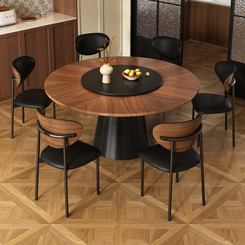 法式圆形中古风实木餐桌椅复古高端客厅家用小户型带转盘吃饭桌子