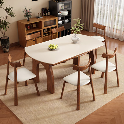 复古中古风实木岩板餐桌椅组合高端客厅家用小户型可变圆吃饭桌子