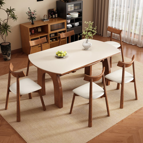 复古中古风实木岩板餐桌