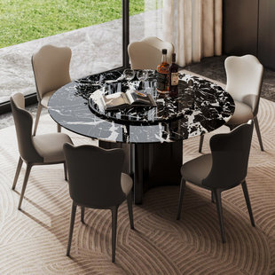 意式 高端客厅家用小户型带转盘吃饭桌子 极简晶石圆形餐桌2026新款