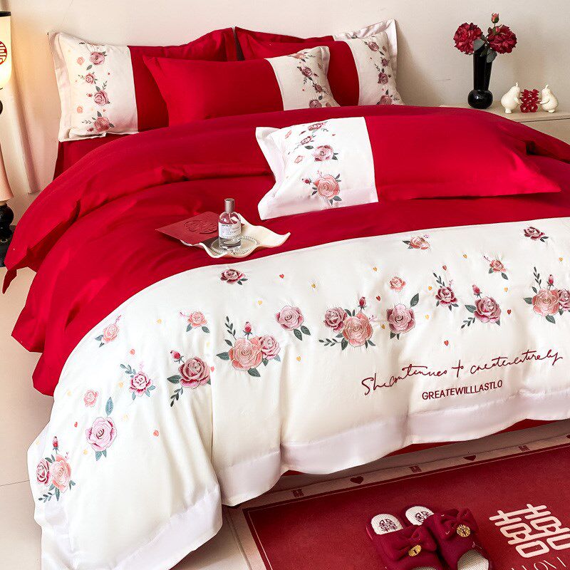 简约结婚四件套高级感婚庆红y色刺绣被套陪嫁婚房喜庆床上用品,床上用品,婚庆床品套件,淘宝优惠券,粉丝福利购,淘宝优惠卷