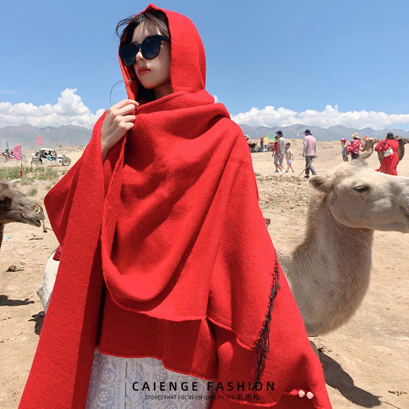 民族风旅行披肩新疆西藏大西北草原沙漠旅游拍照连帽斗.篷围巾红