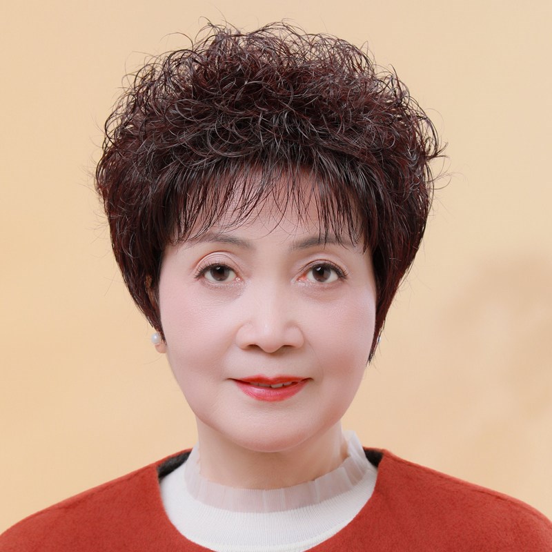 假发女短发时尚全头套式真发全真人发妈妈款烫卷发V假发套自然减