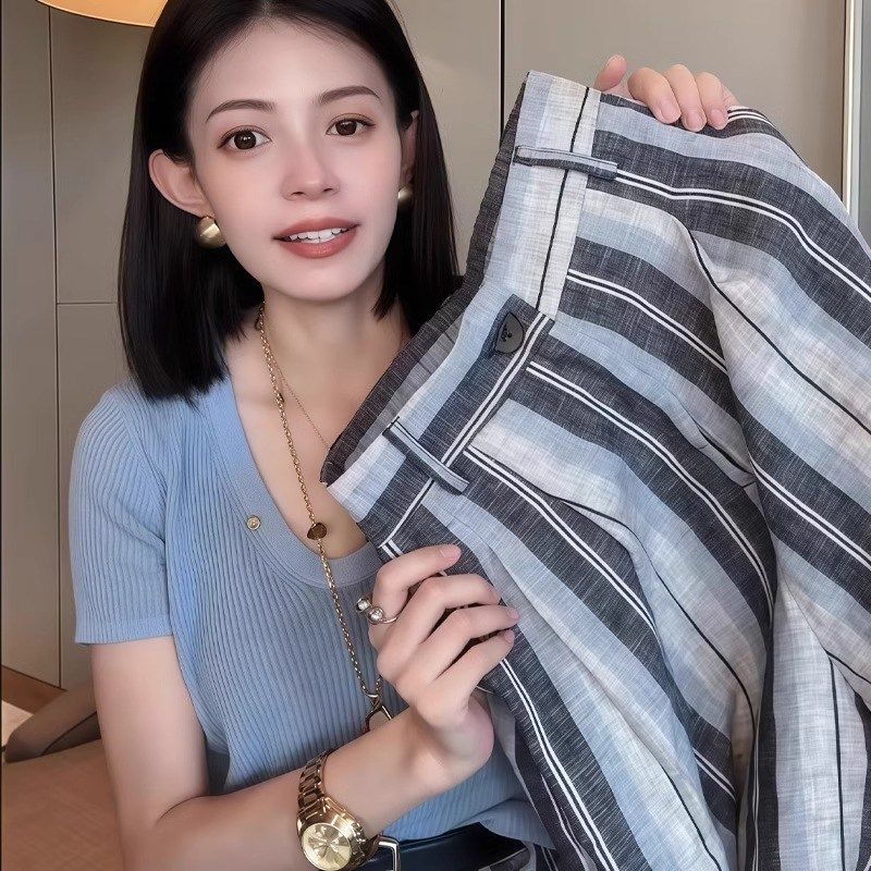 条纹亚麻裤女2025夏季流行w新款小众设计感通勤百搭休闲显瘦直筒