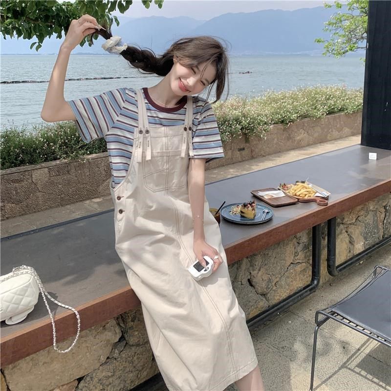 多巴胺学院d风牛仔背带裤T恤套装女夏2025小个子工装设计感两件套