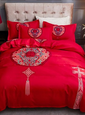 红色结婚四件套婚嫁婚庆床上用品新婚H婚床婚礼床上大红色床单被