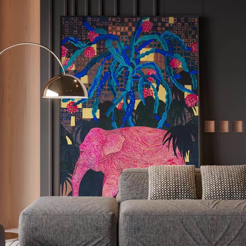 现代粉色大d象沙发后面的壁画客厅装饰画动物寓意好儿童房玄关挂