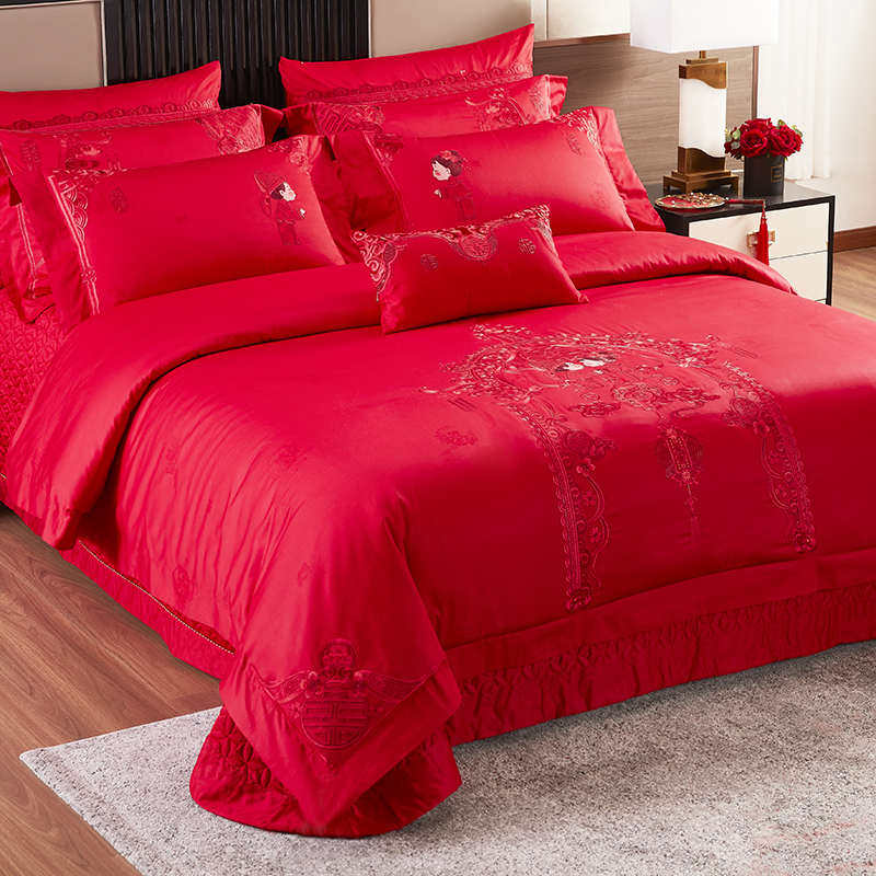 100支全棉结婚四件套新婚大红z色刺绣床上用品婚庆六多件套喜被子,床上用品,婚庆床品套件,淘宝优惠券,粉丝福利购,淘宝优惠卷