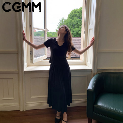 CGMM/橱柜密码夏季新款时尚气质V领显瘦短袖半身裙套装DSOMB2656