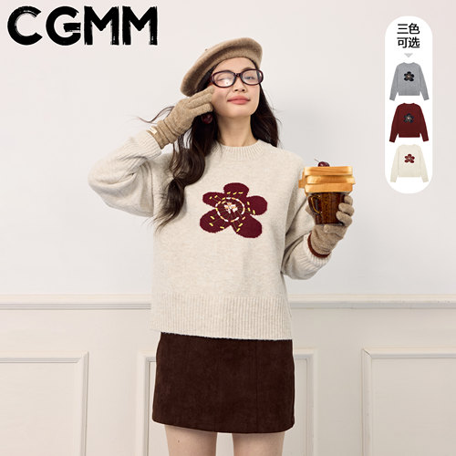 CGMM/橱柜密码秋冬新款慵懒风花朵刺绣针织宽松圆领毛衣DSOMB5290