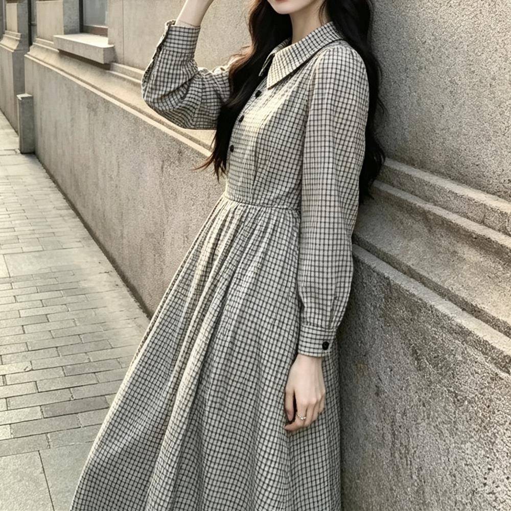 新品复古格子长袖连衣裙翻领收腰裙初秋新款绑带衬衫长裙女气质a