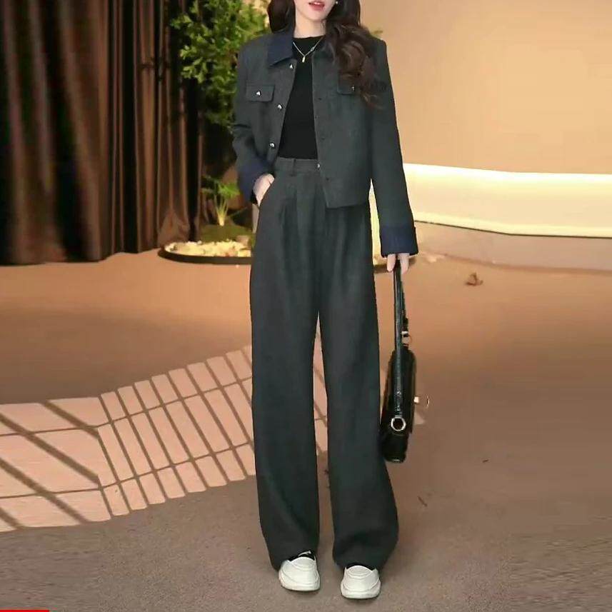 新品休闲套装女时髦复古高级感POLO领长袖工装外套高腰显瘦长裤两