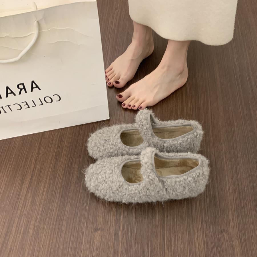 新品魔术贴一字带玛丽珍毛毛鞋女外穿秋冬加绒豆豆鞋厚底保暖芭蕾