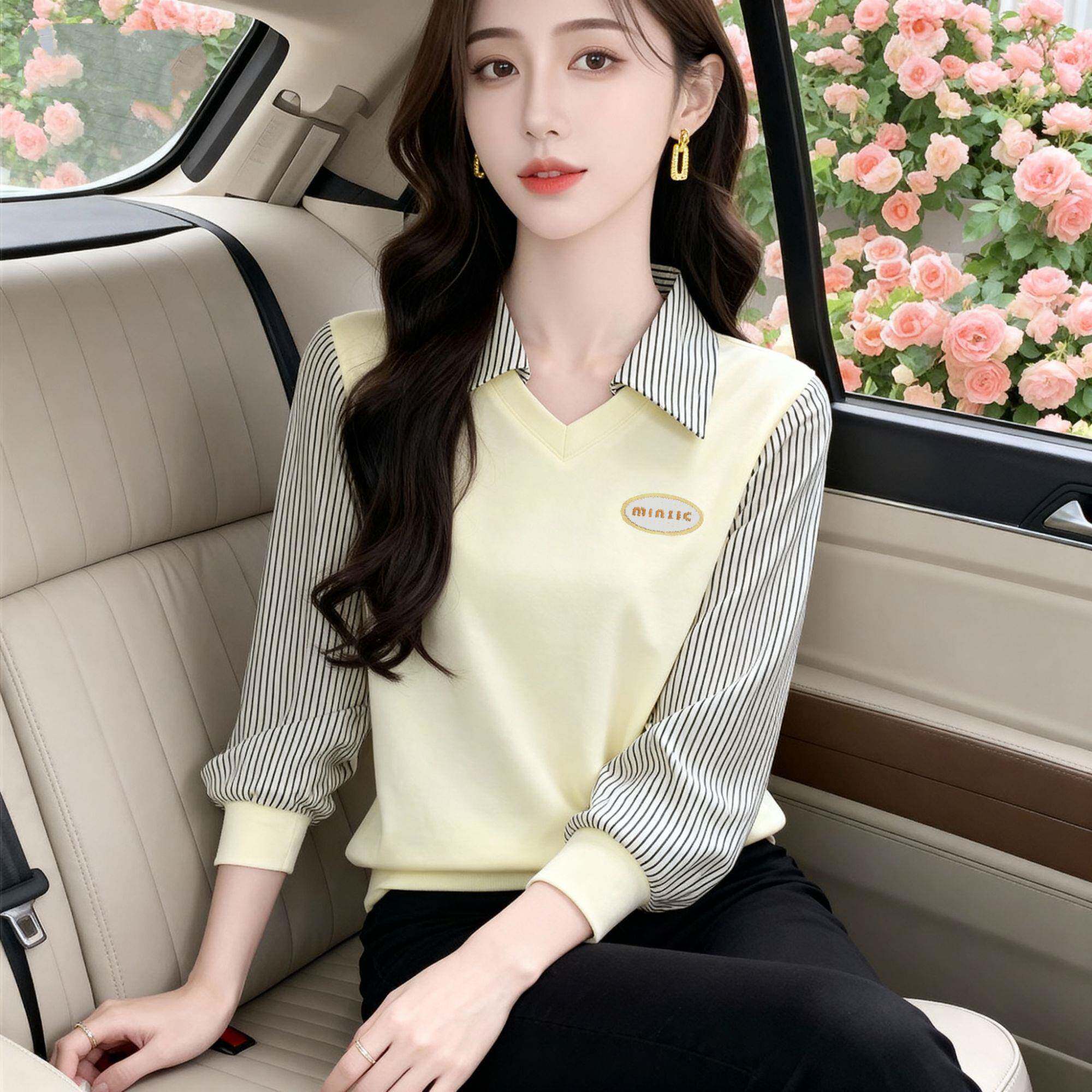 新品2026早秋新款假两件拼接长袖T恤女装百搭薄款秋衣宽松POLO领
