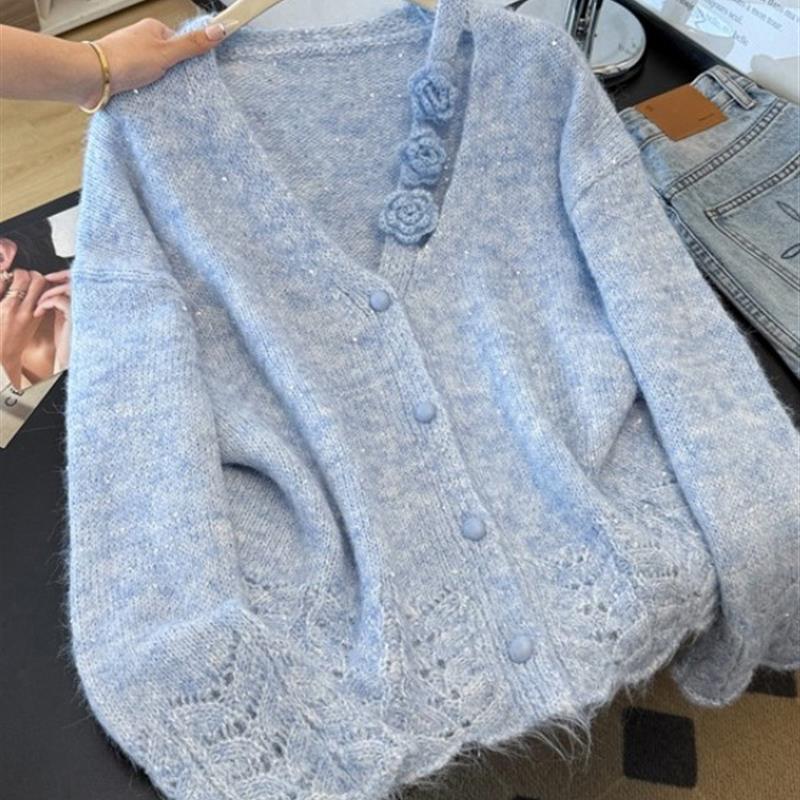 新品立体花朵长袖针织开衫