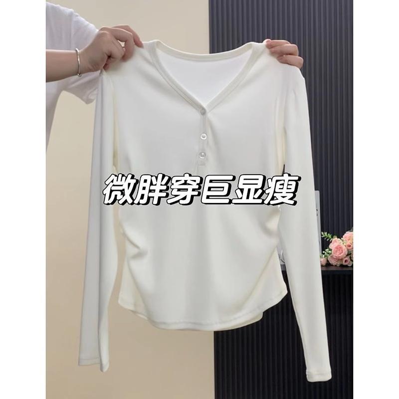 新品白色V领长袖T恤女秋季新款大码胖mm遮肚子内搭打底衫显瘦纯棉