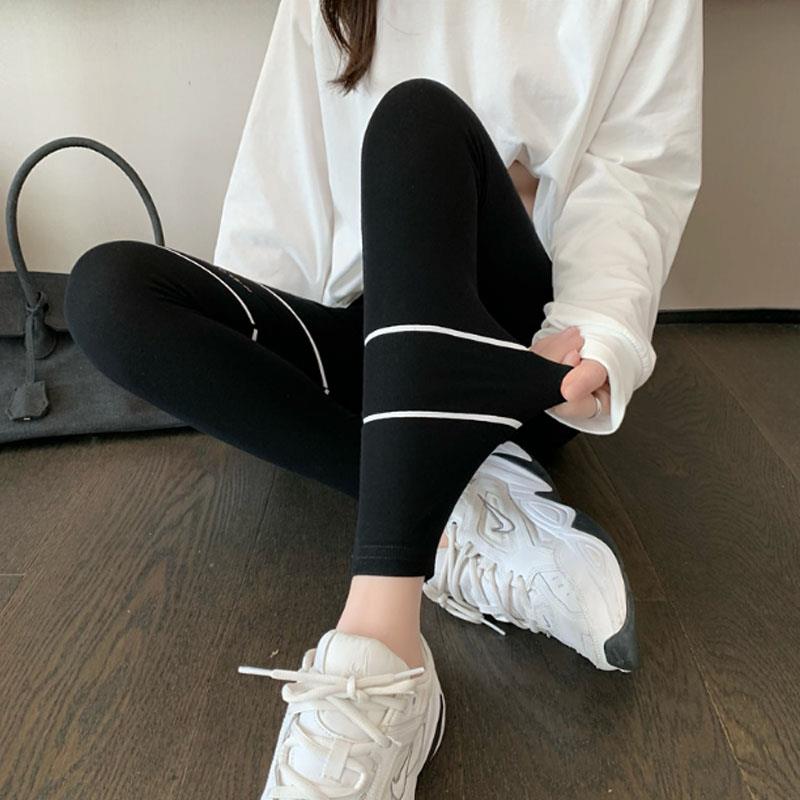 新品鲨鱼裤女春秋欧货外穿高腰紧身九分打底裤小个子侧条纹运动瑜