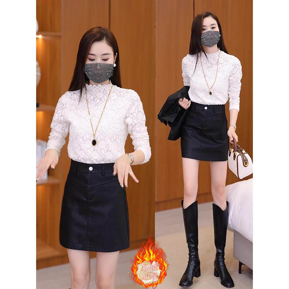 新品加绒加厚蕾丝打底衫女秋冬季新款时尚洋气修身显瘦半高领内搭