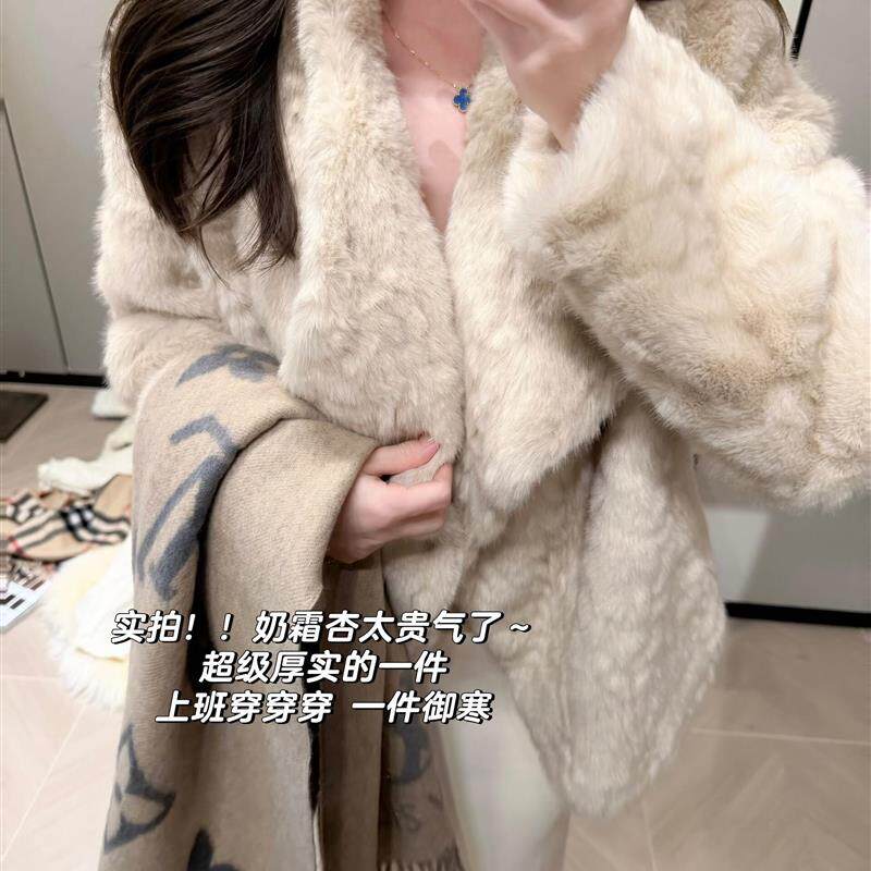 新品千金感软软兔绒环保皮草皮毛一体大衣女温柔大翻领保暖加厚短