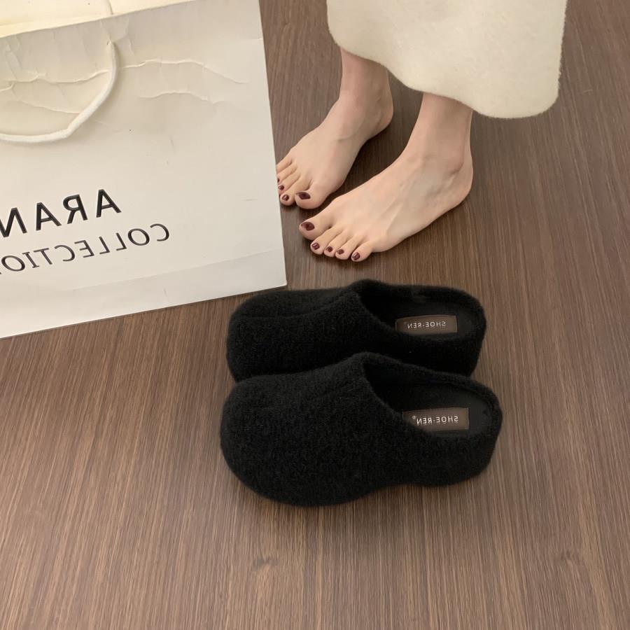 新品7CM内增高水貂毛包头半拖毛毛鞋女冬外穿加绒博肯鞋厚底保暖