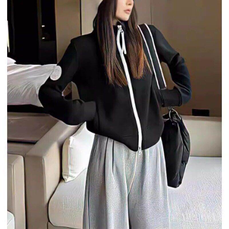 新品撞色立领加绒卫衣外套女春秋季欧货设计感修身别致双拉链上衣