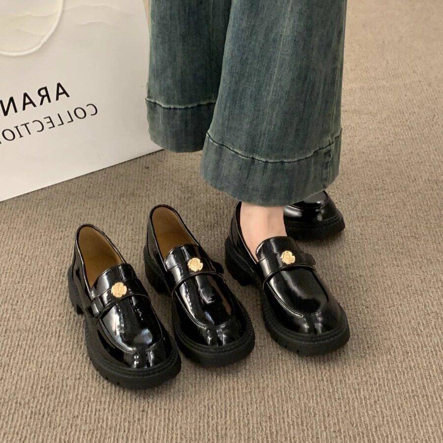 新品复古小香风百搭通勤黑色小皮鞋懒人一脚蹬乐福鞋子休闲厚底单