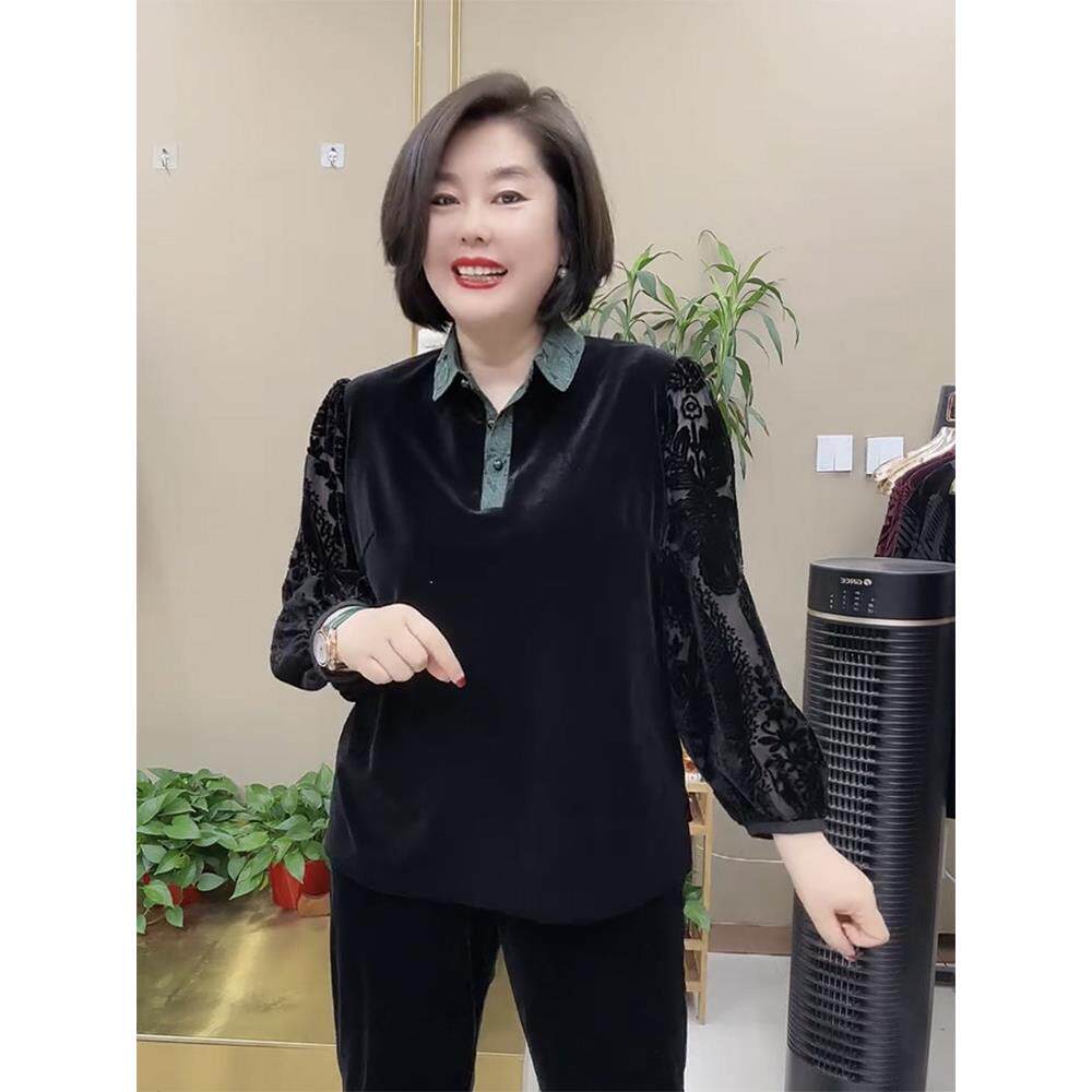 新品中老年妈妈装翻领镂空袖丝绒体恤春装新款小衫外穿新中式时尚